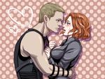  1girl avengers black_widow blush bodysuit boots breasts brown_hair cleavage clint_barton eye_contact from_side hawkeye_(marvel) heart hetero hug looking_at_another marvel medium_breasts natasha_romanoff orange_hair profile short_hair upper_body vivienne9westwood 