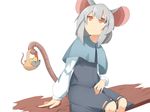  absurdres animal_ears basket blouse capelet cheese expressionless food grey_hair highres long_sleeves looking_up mouse mouse_ears mouse_tail nazrin orange_eyes short_hair sitting skirt skirt_set solo tail tail_hold tokoname touhou vest white_background 
