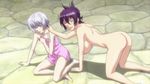  1boy 1girl age_difference aleksander_nikolaevich_her ass bent_over blush breasts censored embarrassed hanging_breasts highres large_breasts legs nipples nude oikawa_urada onsen outdoors photoshop purple_hair screencap seikon_no_qwaser silver_hair smile teacher towel yellow_eyes 