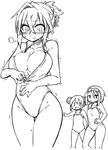  3: 3girls blush breasts cleavage competition_school_swimsuit double_bun front_zipper_swimsuit frown goggles goggles_on_head greyscale hand_on_hip highres kagami_ryouko kanayama_nao large_breasts meme_attire monochrome multiple_girls one-piece_swimsuit open_mouth original sasashigure_miyo sketch sweat swimsuit thigh_gap trembling unzipped white_background wide_hips yoshida_hideyuki 