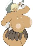  1girl areolae axe blonde_hair blue_eyes breasts copyright_request curvy dark_skin gigantic_breasts inverted_nipples large_areolae looking_at_viewer muscle nipples plump puffy_nipples sasaki_tatsuya scar short_hair solo standing thick_thighs topless weapon wide_hips 