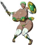 1girl armor bikini_armor blush breasts brown_eyes cleavage curvy dark_skin female full_body gigantic_breasts green_hair looking_at_viewer navel open_mouth sasaki_tatsuya shield short_hair solo standing sword thick_thighs thighhighs tongue wide_hips 