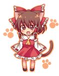  animal_ears ascot bare_shoulders blush bow brown_eyes brown_hair cat_ears cat_tail detached_sleeves hair_bow hair_tubes hakurei_reimu kemonomimi_mode paw_print solo tail touhou yukari_yukke 