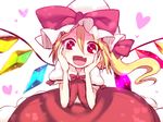  blonde_hair commentary fang flandre_scarlet hands_on_own_cheeks hands_on_own_face hat hat_ribbon heart kuresento long_hair mob_cap open_mouth puffy_short_sleeves puffy_sleeves red_eyes ribbon shirt short_sleeves side_ponytail skirt skirt_set smile solo touhou vest wings 