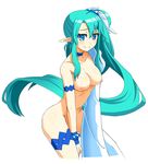  absurdres ahoge blue_eyes bracelet breasts choker earrings goushu green_hair hair_bobbles hair_ornament highres jewelry leaning_forward long_hair looking_at_viewer m.u.g.e.n medium_breasts mia_misciano nipples original pointy_ears side_ponytail simple_background smile solo thigh_strap very_long_hair white_background 