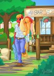  2015 anthro anthrofied applejack_(mlp) big_macintosh_(mlp) blonde_hair bottle bottomless brother brother_and_sister butt carrying clothed clothing cutie_mark duo earth_pony english_text equine female fence friendship_is_magic glass hair half-dressed holding horse incest long_hair male male/female mammal my_little_pony mysticalpha outside plant pony pussy sibling sister smile socks text tree window 