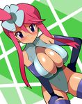  blush breasts cleavage dutch_angle elbow_gloves front_zipper_swimsuit fuuro_(pokemon) gloves hair_ornament hand_on_hip hand_on_thigh harubato highres large_breasts leaning_forward long_hair looking_at_viewer meme_attire one-piece_swimsuit pokemon pokemon_(game) pokemon_bw purple_eyes red_hair smile solo swimsuit thighhighs unzipped 