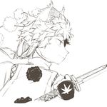  animal_ears detached_sleeves hat hiyuu_(flying_bear) inubashiri_momiji monochrome short_hair simple_background solo sword tokin_hat touhou weapon white_background wolf_ears 