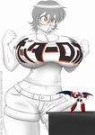  1girl blush breasts clothes_writing copyright_name cross_eyed getter_robo glasses huge_breasts midriff mkonstantinov o3o original shin_getter-1 shirt short_hair shorts simple_background t-shirt web_address white_background 