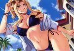  absurdres bare_shoulders bikini black_bikini blonde_hair blue_eyes blue_sky blush breasts cleavage cloud cloudy_sky collarbone curvy day elizabeth_mayberry freezing hand_on_eyewear highres house kim_kwang_hyun large_breasts lips lipstick makeup midriff navel official_art open_clothes open_shirt palm_tree parted_lips ponytail scan shirt side-tie_bikini sky solo stomach string_bikini summer sunglasses sweat sweatdrop swimsuit tree white_shirt 