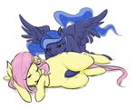  2015 anthro anthrofied blue_fur blue_hair blush cute cutie_mark duo equine female female/female fluttershy_(mlp) friendship_is_magic from_behind fur glacierclear hair half-closed_eyes horn horse long_hair lying mammal my_little_pony on_side pegasus pink_hair pony princess_luna_(mlp) smile text winged_unicorn wings yellow_fur 