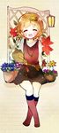  :d bad_id bad_pixiv_id belt brown_hair closed_eyes flower flower_pot hair_flower hair_ornament highres jewelry kneehighs lamp lantern looking_at_viewer necklace open_mouth original plant sitting skirt smile solo sparkle stone_wall tsukiyo_(skymint) vines wall watering_can windowsill wooden_lantern 