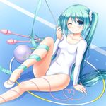  ball blush green_eyes green_hair gymnast_leotard gymnastics gymnastics_ribbon half-soles hatsune_miku hoop juggling_club leotard long_hair md5_mismatch nanatsuba one_eye_closed rhythmic_gymnastics sitting smile twintails very_long_hair vocaloid 