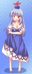  barefoot blue_eyes blush breasts collarbone hat highres kamishirasawa_keine long_hair medium_breasts off_shoulder open_mouth silver_hair solo touhou yukari_yukke 