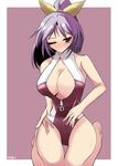  alternate_costume arima_yuu bow breasts cleavage front_zipper_swimsuit hair_bow large_breasts long_hair meme_attire one-piece_swimsuit one_eye_closed ponytail purple_hair red_eyes solo swimsuit touhou watatsuki_no_yorihime yellow_bow 