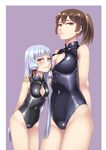  alternate_costume breasts brown_eyes brown_hair cleavage front_zipper_swimsuit height_difference hiememiko highres kaga_(kantai_collection) kantai_collection large_breasts long_hair meme_attire multiple_girls murakumo_(kantai_collection) one-piece_swimsuit side_ponytail small_breasts standing swimsuit white_hair 