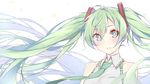  ahoge blush fhang floating_hair green_eyes green_hair hatsune_miku highres long_hair necktie parted_lips solo twintails upper_body very_long_hair vocaloid 