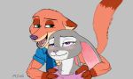  bitting_lip blush brokeguy21 bust_portrait canine disney duo female fox grey_background judy_hopps lagomorph male mammal massage nick_wilde open_mouth portrait rabbit simple_background zootopia 