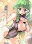  areolae bare_shoulders bathroom bent_over black_swimsuit blue_eyes blush breasts cleavage cleavage_cutout covered_navel frog frog_hair_ornament front_zipper_swimsuit green_hair hair_ornament halterneck hand_on_own_chest highleg highleg_swimsuit holding hose kochiya_sanae large_breasts long_hair looking_at_viewer meme_attire one-piece_swimsuit open_mouth puuakachan shampoo showering skin_tight skindentation smile snake snake_hair_ornament solo swimsuit touhou unzipped water wet zipper 