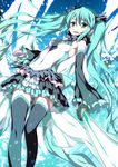  47agdragon aqua_eyes aqua_hair detached_sleeves hatsune_miku highres katana long_hair skirt solo sword thighhighs twintails very_long_hair vocaloid weapon 