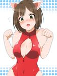  animal_ears blush breasts brown_hair cat_ears cleavage commentary_request fang front_zipper_swimsuit green_eyes highres idolmaster idolmaster_cinderella_girls large_breasts maekawa_miku meme_attire one-piece_swimsuit open_mouth paw_pose short_hair solo swimsuit unzipped yue_(show-ei) 
