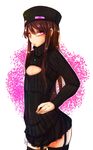  ander_(at2.) at2. bangs black_legwear blush brown_hair cleavage_cutout cowboy_shot embarrassed enderman flat_chest garter_straps hair_between_eyes hand_on_hip hat highres long_hair long_sleeves looking_at_viewer meme_attire minecraft open-chest_sweater personification pink_background pink_eyes ribbed_sweater simple_background solo standing sweater thighhighs tsurime turtleneck white_background zettai_ryouiki 