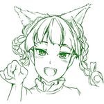  animal_ears bow braid cat_ears hair_bow hiyuu_(flying_bear) kaenbyou_rin monochrome open_mouth short_hair simple_background smile solo touhou twin_braids white_background 