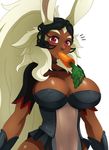  1girl 2015 animal_ears big_breasts blush breasts bunny_ears carrot cleavage clothed clothing dark_skin eric_lowery female final_fantasy final_fantasy_xii fran looking_at_viewer solo sssonic2 upper_body video_games viera 