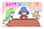  blonde_hair blue_hair blush_stickers bow closed_eyes frog_hair_ornament green_hair hair_bow hair_ornament happy_new_year hat highres kochiya_sanae kotatsu moriya_suwako multiple_girls new_year smile solid_oval_eyes table touhou yasaka_kanako yukari_yukke 