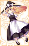  apron blonde_hair blush bow braid hair_bow hand_on_headwear hand_up hat hat_bow kirisame_marisa long_hair side_braid solo star touhou waist_apron white_bow witch_hat yellow_eyes yukari_yukke 