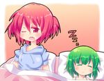  green_hair multiple_girls one_eye_closed onozuka_komachi red_eyes red_hair saliva shiki_eiki sleeping sleepwear touhou yukari_yukke 