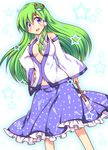  bare_shoulders blue_hair detached_sleeves gohei green_hair hair_tubes hand_on_hip kochiya_sanae long_hair navel open_clothes snake solo star touhou yukari_yukke 