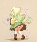  alternate_hair_length alternate_hairstyle animal_ears arinu bow cat_ears cat_tail from_behind green_eyes green_hair heart heart_of_string kemonomimi_mode knees_together_feet_apart komeiji_koishi long_hair no_hat no_headwear paw_pose ribbon skirt smile solo tail third_eye touhou yarn yarn_ball 