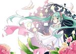  bird dress floating_hair flower gloves green_eyes green_hair hair_flower hair_ornament hatsune_miku long_hair looking_at_viewer natie_(latte) rose solo twintails very_long_hair vocaloid 