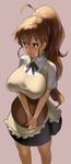  ahoge apron blush breasts brown_eyes brown_hair commentary employee_uniform eu03 large_breasts long_hair looking_away open_mouth ponytail skirt solo tan taneshima_popura tray uniform waitress working!! 