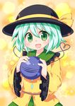  bow green_eyes green_hair hat hat_bow heart heart_of_string komeiji_koishi open_mouth sash solo third_eye touhou wide_sleeves yukari_yukke 