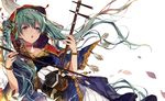  blue_eyes bracelet choker erhu floating_hair green_hair hatsune_miku instrument jewelry long_hair open_mouth petals ring sa_(h28085) simple_background solo twintails vocaloid white_background 