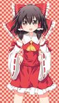  ascot bare_shoulders black_hair bow brown_eyes checkered checkered_background detached_sleeves hair_bow hair_tubes hakurei_reimu hands_on_hips open_mouth solo touhou yukari_yukke 