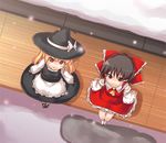  ascot black_hair blonde_hair bow braid brown_eyes detached_sleeves from_above hair_bow hair_tubes hakurei_reimu hat hat_bow kirisame_marisa multiple_girls orange_hair side_braid snowing touhou witch_hat yukari_yukke 