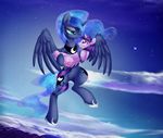  2015 blue_fur blue_hair cutie_mark duo equine eye_contact female feral flying friendship_is_magic fur hair hi_res holding horn long_hair lyra-senpai mammal my_little_pony outside princess_luna_(mlp) purple_eyes purple_hair star teal_eyes twilight_sparkle_(mlp) winged_unicorn wings 