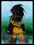  armor astrozerk04 black_hair breasts brown_skin butt clothing dreadlocks female fishnet gloves hair loincloth mask predator predator_(franchise) side_boob spots thong two-tone_skin weapon whip yautja yellow_skin 