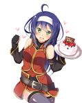  :d ahoge belt blue_hair blush cake detached_sleeves fingerless_gloves fire_emblem fire_emblem:_akatsuki_no_megami food gloves green_eyes hairband happy_birthday heart open_mouth smile solo thighhighs wayu_(fire_emblem) white_hairband 