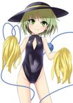  arai_togami bare_shoulders cleavage_cutout flat_chest front_zipper_swimsuit green_eyes green_hair hat hat_ribbon heart heart_of_string komeiji_koishi meme_attire one-piece_swimsuit pom_poms ribbon short_hair simple_background smile solo string swimsuit third_eye touhou white_background 