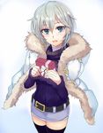  anastasia_(idolmaster) ashita_(2010) bad_id bad_twitter_id blue_eyes box gift gift_box highres idolmaster idolmaster_cinderella_girls jacket open_mouth parka ribbed_sweater short_hair silver_hair smile solo sweater thighhighs turtleneck 