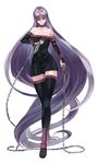  absurdly_long_hair bad_id bad_pixiv_id black_footwear black_legwear blindfold boots chain dagger facial_mark fate/stay_night fate_(series) forehead_mark full_body highres long_hair nameless_dagger purple_hair rider solo thigh_boots thighhighs very_long_hair weapon ycco_(estrella) 