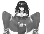  bad_id bad_tumblr_id bangs blunt_bangs bodysuit book breasts cape cleavage covering covering_crotch fire_emblem fire_emblem:_kakusei greyscale large_breasts long_hair mato_spectoru monochrome naughty_face pauldrons solo spread_legs squatting tharja tiara two_side_up 