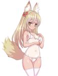  animal_ears bikini blonde_hair blush breasts covered_nipples emil_chronicle_online fox_ears fox_tail loki_alma long_hair navel nipples one-piece_tan see-through serizawa_(knight2020) small_breasts solo swimsuit tail tan tanline thighhighs white_background yellow_eyes 