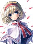  alice_margatroid artist_name blonde_hair blue_dress blue_eyes blush breasts capelet dress hairband highres large_breasts long_sleeves looking_down looking_to_the_side mii@chiffonx parted_lips petals short_hair simple_background solo teeth touhou upper_body white_background wind 