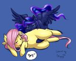  2015 anthro anthrofied blue_background blue_fur blue_hair blush cute cutie_mark duo equine female female/female fluttershy_(mlp) friendship_is_magic from_behind fur glacierclear hair half-closed_eyes horn long_hair lying mammal my_little_pony on_side pegasus pink_hair plain_background princess_luna_(mlp) smile stingray970 text winged_unicorn wings yellow_fur 