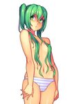  blush breasts cowboy_shot green_eyes green_hair hair_censor hair_over_breasts hatsune_miku long_hair navel panties simple_background small_breasts solo standing striped striped_panties topless twintails underwear underwear_only vocaloid white_background yuksi 